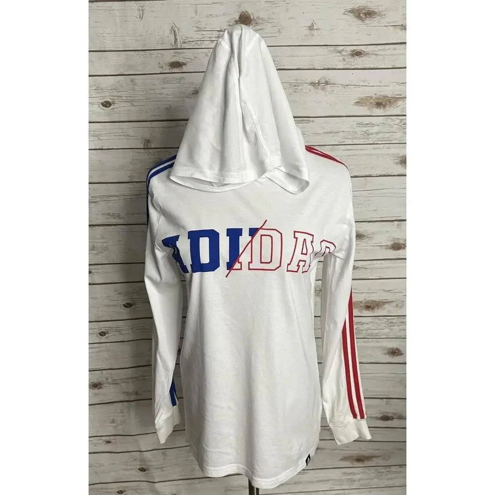 Adidas white cotton graphic print hooded long sleeve t-shirt Size L (14-16)
